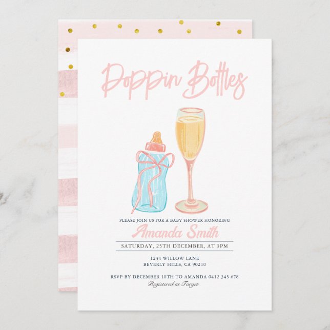 Pink Poppin Flaschen Invite Girl Baby Dusche Einladung (Vorne/Hinten)
