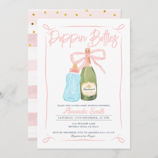 Pink Poppin Flaschen laden CoEd Kinderdusche ein Einladung (Vorne/Hinten)