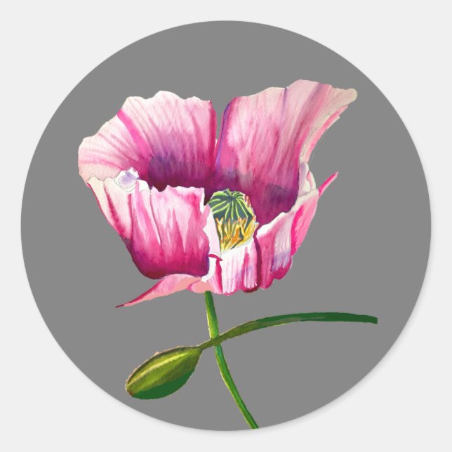Pink Poppy Aquarell Blume hübsche Kunst Runder Aufkleber (Vorderseite)