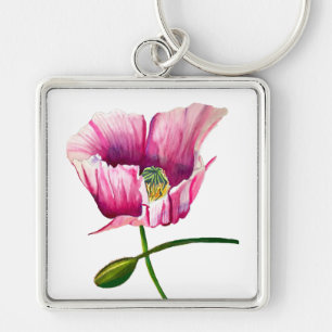 Pink Poppy Aquarell Blume hübsche Kunst Schlüsselanhänger