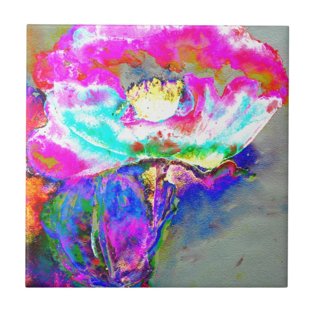 Pink Poppy, Blumenbemalung in Aquarellen Fliese (Vorderseite)