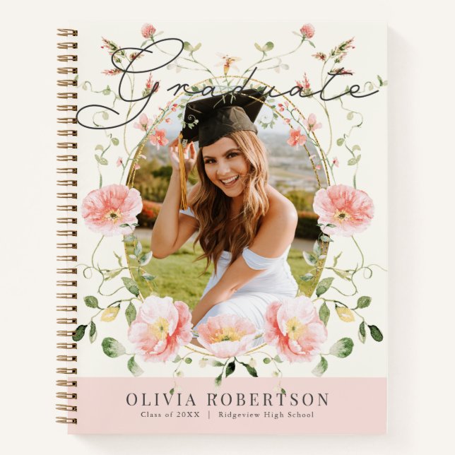 Pink Poppy Floral Photo Graduation Guest Book Notizbuch (Vorderseite)