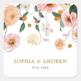 Pink Poppy Floral Wedding Quadratischer Aufkleber