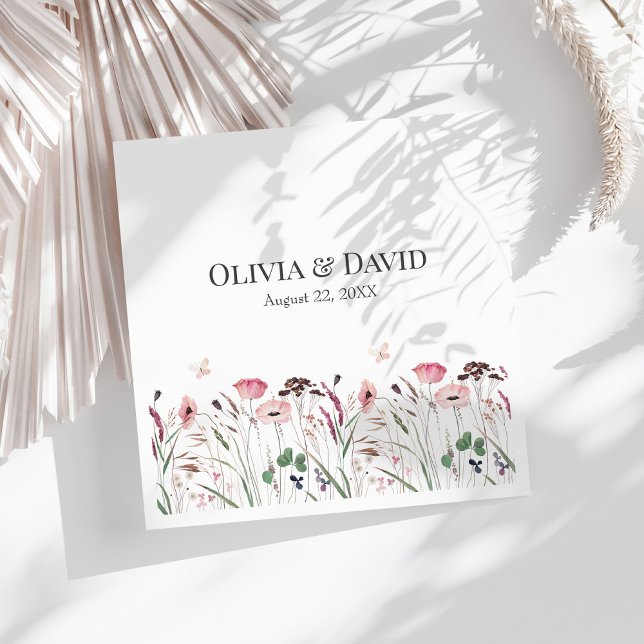 Pink Poppy Meadow Wedding Napkins Serviette (Pink Poppy Meadow Wedding Napkins on a sunny white table.)