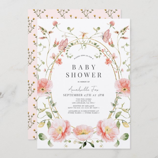 Pink Poppy Wildblumen Butterfly Babydusche Einladung (Vorne/Hinten)