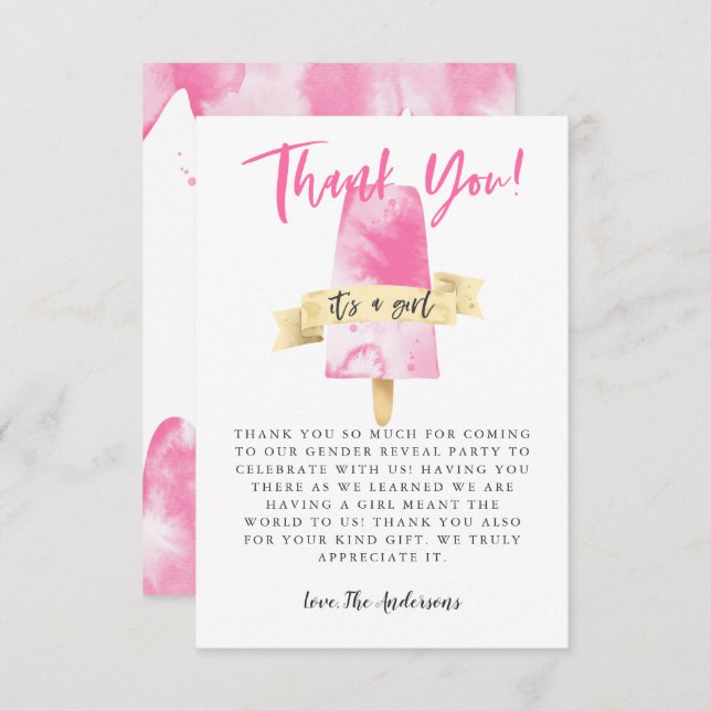 Pink Popsicle Girl Gender Reveal Party Dankeskarte (Vorne/Hinten)
