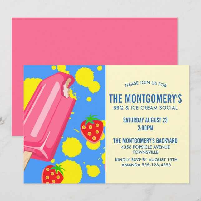 Pink Popsirus & Strawberries GRILLEN Party Einladung (Vorne/Hinten)