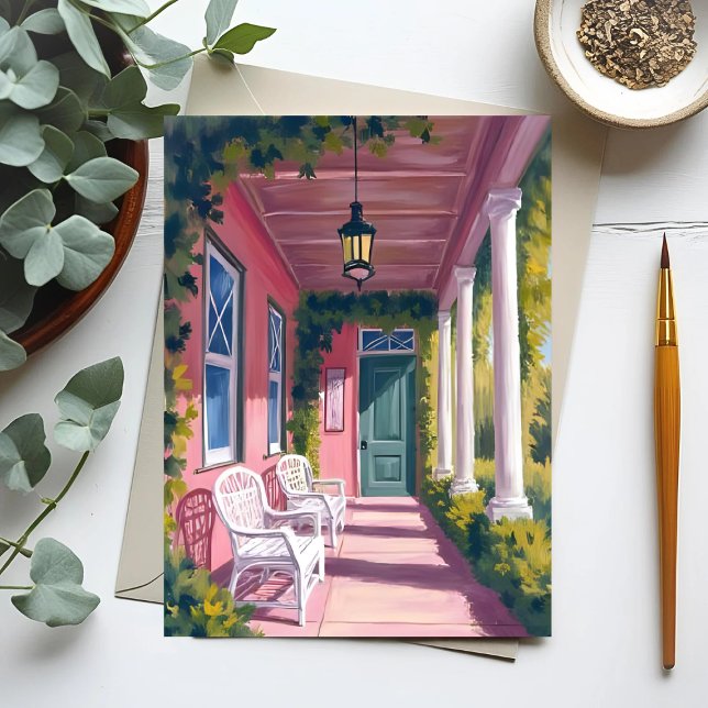 Pink Porch | Botanical Deck Floral Watercolor Postkarte (Von Creator hochgeladen)