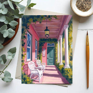 Pink Porch   Botanische Deck Blumen Aquarell Postkarte
