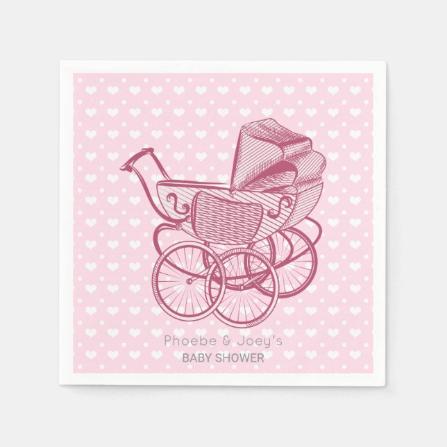 Pink Pram Hearts Baby Dusche Personalisiert Elegan Serviette (Vorderseite)