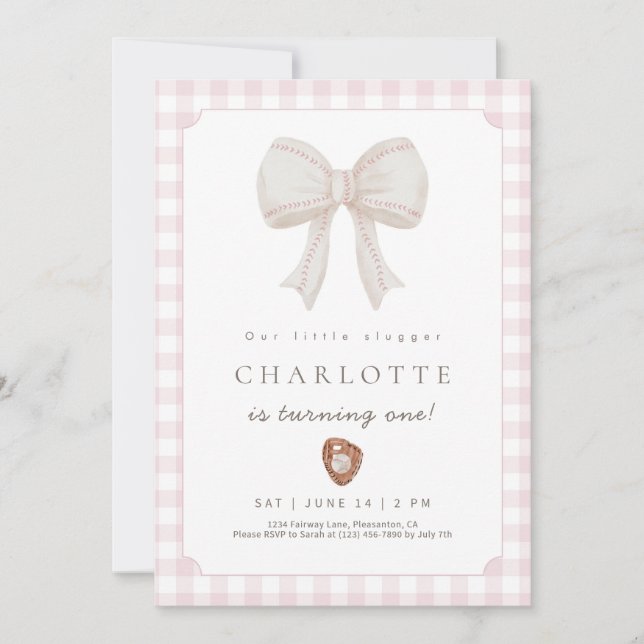 Pink Preppy Baseball Bow Birthday Invitation Dankeskarte (Vorderseite)