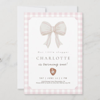 Pink Preppy Baseball Bow Birthday Invitation Dankeskarte