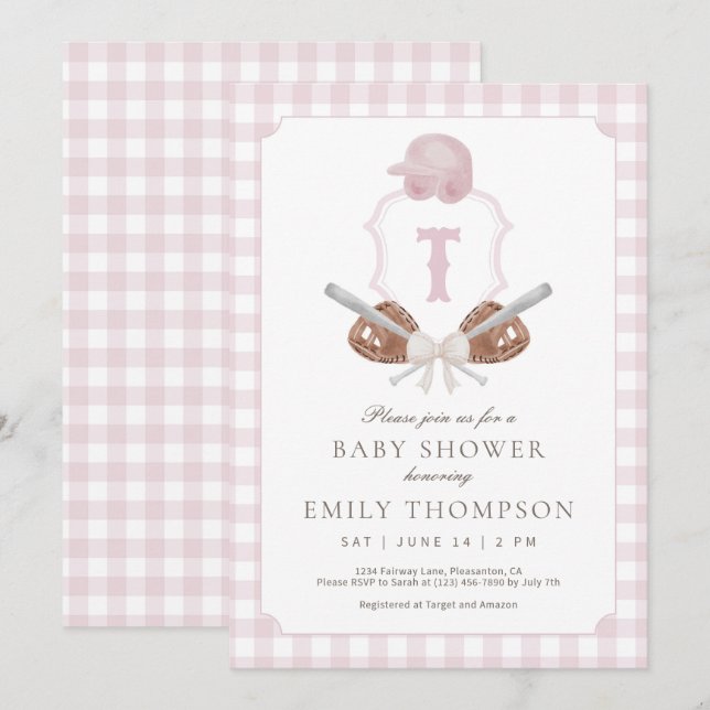 Pink Preppy Baseball Wappen Kinderdusche Einladung (Vorne/Hinten)