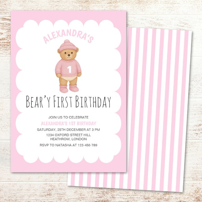 Pink Preppy Bear Beary First Birthday Invitation Einladung (Von Creator hochgeladen)