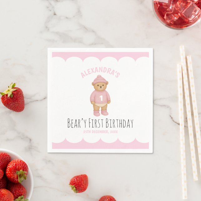 Pink Preppy Bear Beary First Birthday  Serviette (Beispiel)