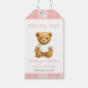 Pink Preppy Bear Elegante Karierte Babydusche Geschenkanhänger