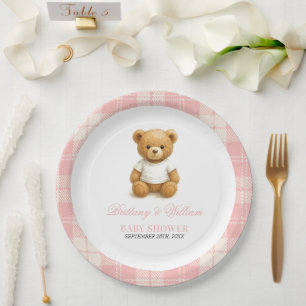 Pink Preppy Bear Elegante Karierte Babydusche Pappteller