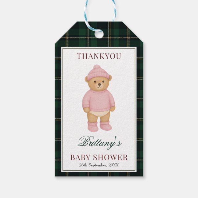 Pink Preppy Bear Plaid Baby Shower Geschenkanhänger (Vorderseite)