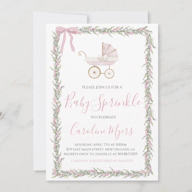 Pink Preppy Carriage Girl Baby Sprinkle Einladung (Vorderseite)