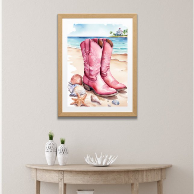 Pink Preppy Cowgirl Boots Sand Ocean Beach Poster (Pink Preppy Coastal Cowgirl Boots on the beach sand near the ocean seashells. Printed or Digital)