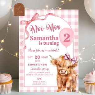Pink Preppy Gingham Cow Girl 2. Geburtstag Einladung