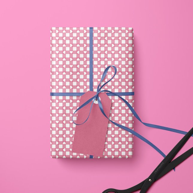 Pink Preppy Gingham Hearts- Wrapping Paper Roll Geschenkpapier (Von Creator hochgeladen)