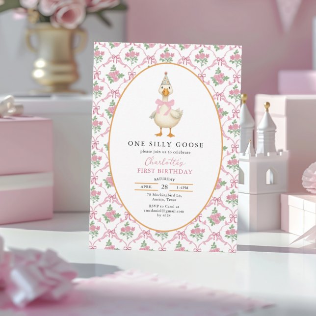 Pink Preppy One Silly Goose Bow 1st Birthday Einladung (Von Creator hochgeladen)