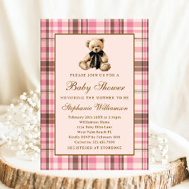 Pink Preppy Plaid Vintage Teddy Bear Baby Shower Einladung
