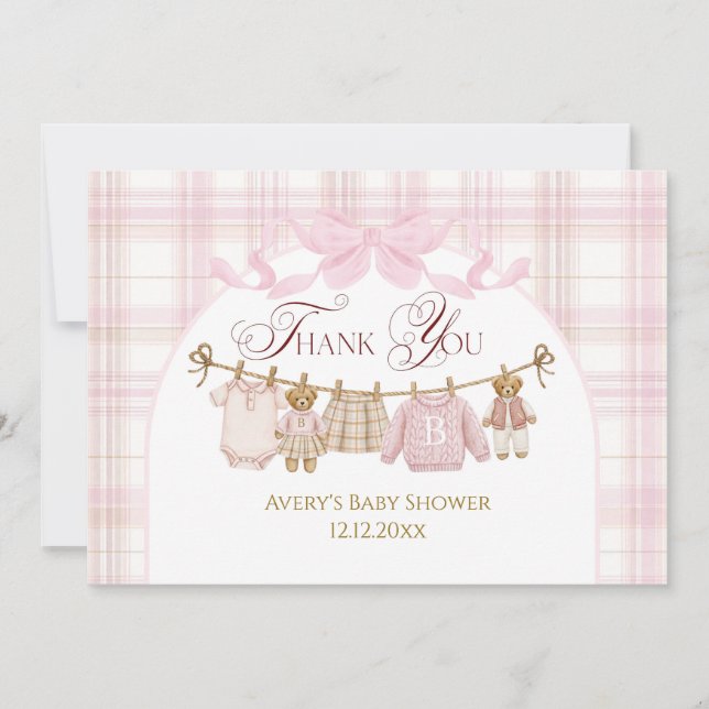 Pink Preppy Teddy Bear Girl Baby Shower Plaid Bow Dankeskarte (Vorderseite)