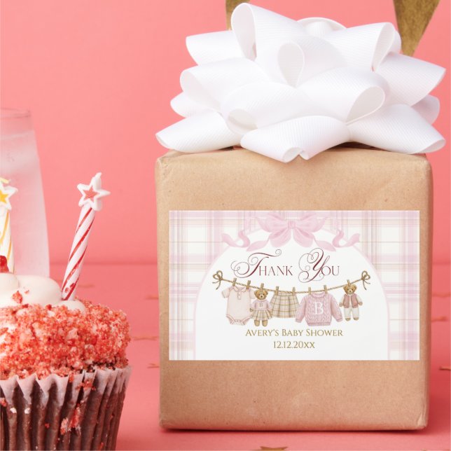 Pink Preppy Teddy Bear Girl Baby Shower Plaid Bow Rechteckiger Aufkleber (Party)
