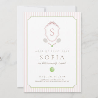 Pink Preppy Tennis Crest 1st Birthday invite Dankeskarte