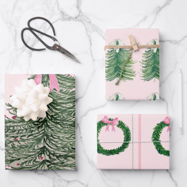 Pink & PreppyChristmas Wrapping Paper - Aquarell Geschenkpapier Set (Vorderseite)
