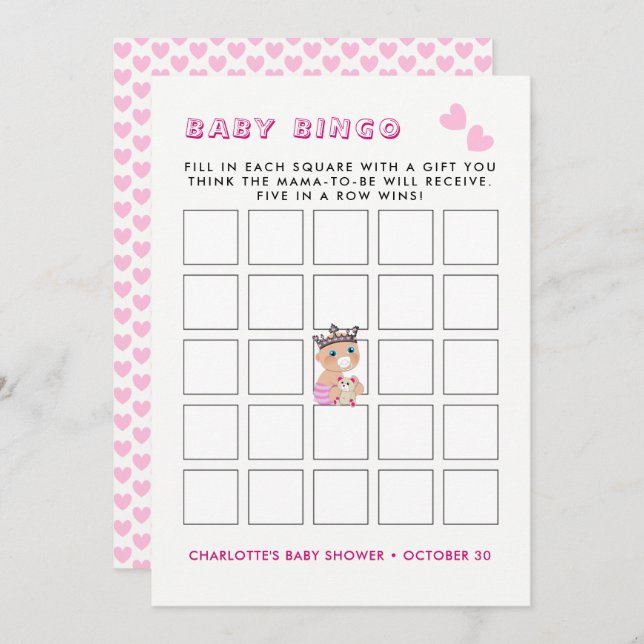 Pink Princess Baby Dusche Baby Bingo Spiel Einladung (Vorne/Hinten)