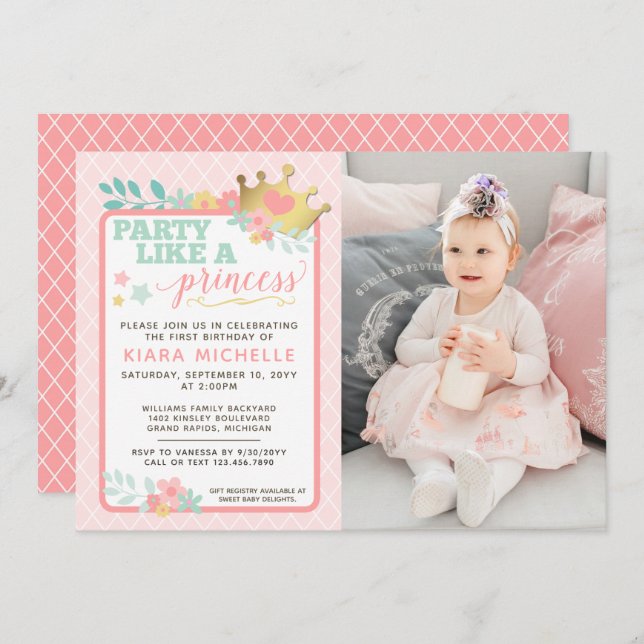 Pink Princess Baby Girl Einladung zum Geburtstag (Vorne/Hinten)