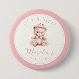 Pink Princess Bear Baby Girl Babydusche Button