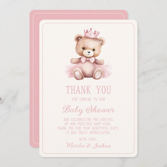 Pink Princess Bear Baby Girl Babydusche Dankeskarte (Vorne/Hinten)
