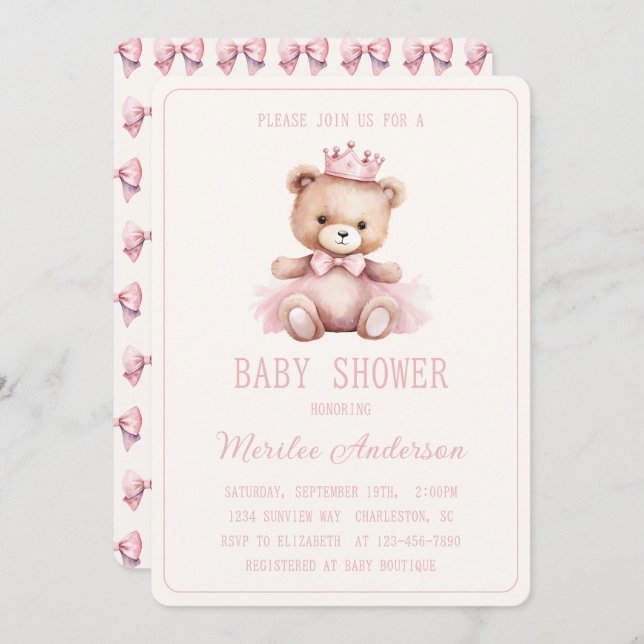 Pink Princess Bear Baby Girl Babydusche Einladung (Vorne/Hinten)