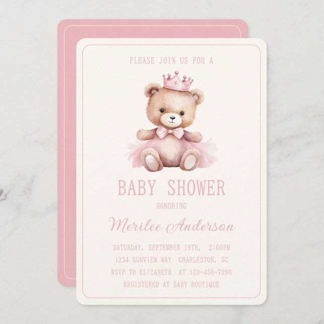 Pink Princess Bear Baby Girl Babydusche Einladung (Vorne/Hinten)