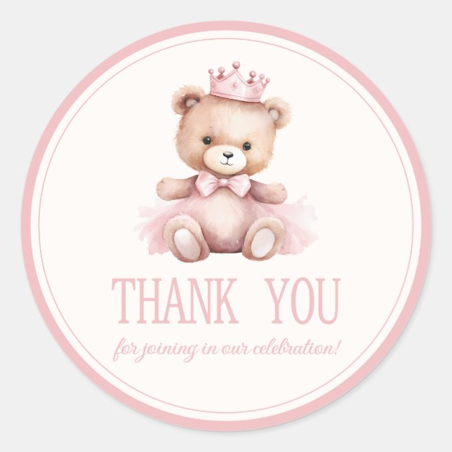Pink Princess Bear Baby Girl Babydusche Runder Aufkleber (Vorderseite)