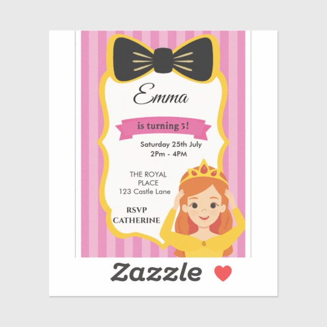 Pink Princess Birthday Invite | Zazzlemade Aufkleber (Blatt)