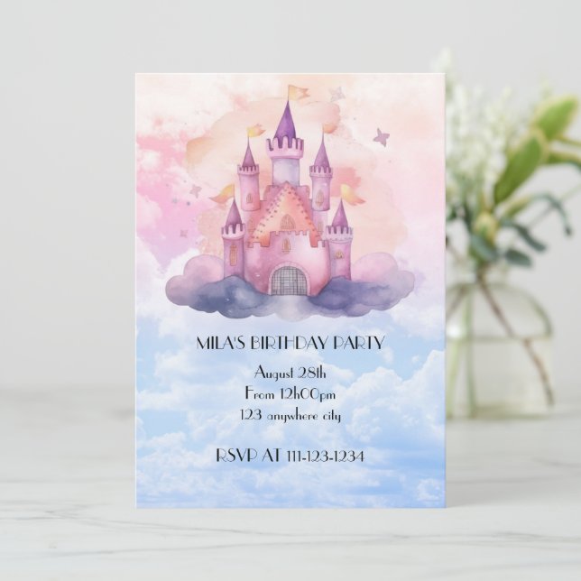 Pink princess castle birthday invitation  einladung (Stehend Vorderseite)