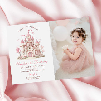 Pink Princess Castle Floral Girl's Birthday Photo Einladung