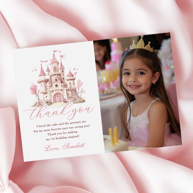 Pink Princess Castle Girl's Birthday Party Photo Dankeskarte (Von Creator hochgeladen)