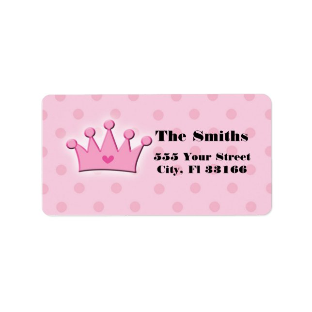Pink Princess Crown Adress Labels Polka Dots Adressaufkleber (Vorne)