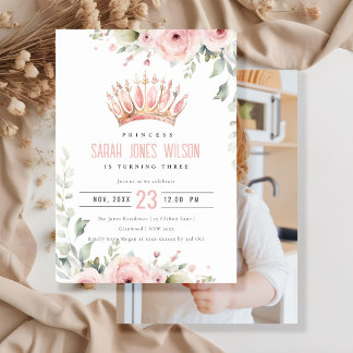 Pink Princess Crown Tiara Floral Foto Geburtstag Einladung