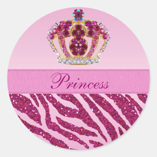 Pink Princess Crown Zebra Glitzer Druckaufkleber Runder Aufkleber (Vorderseite)