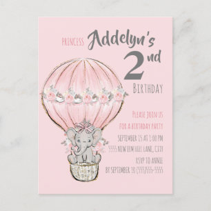 Pink Princess Elefant Heißluftballon Geburtstag Einladungspostkarte