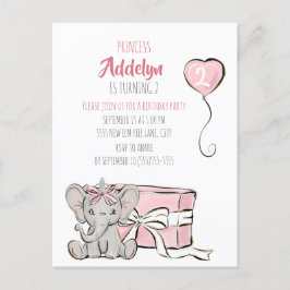 Pink Princess Elephant Child's 2. Geburtstag Party Einladungspostkarte