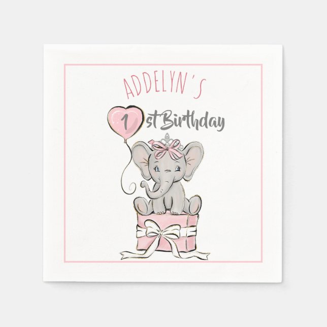 Pink Princess Elephant Child's Birthday Balloon Serviette (Vorderseite)