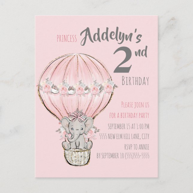 Pink Princess Elephant Heißluftballon Geburtstag Einladungspostkarte (Vorderseite)